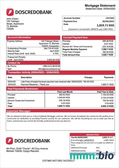 Kirgistan Bank Dos-Credobank wyciąg z kredytu hipotecznego szablon Word i PDF